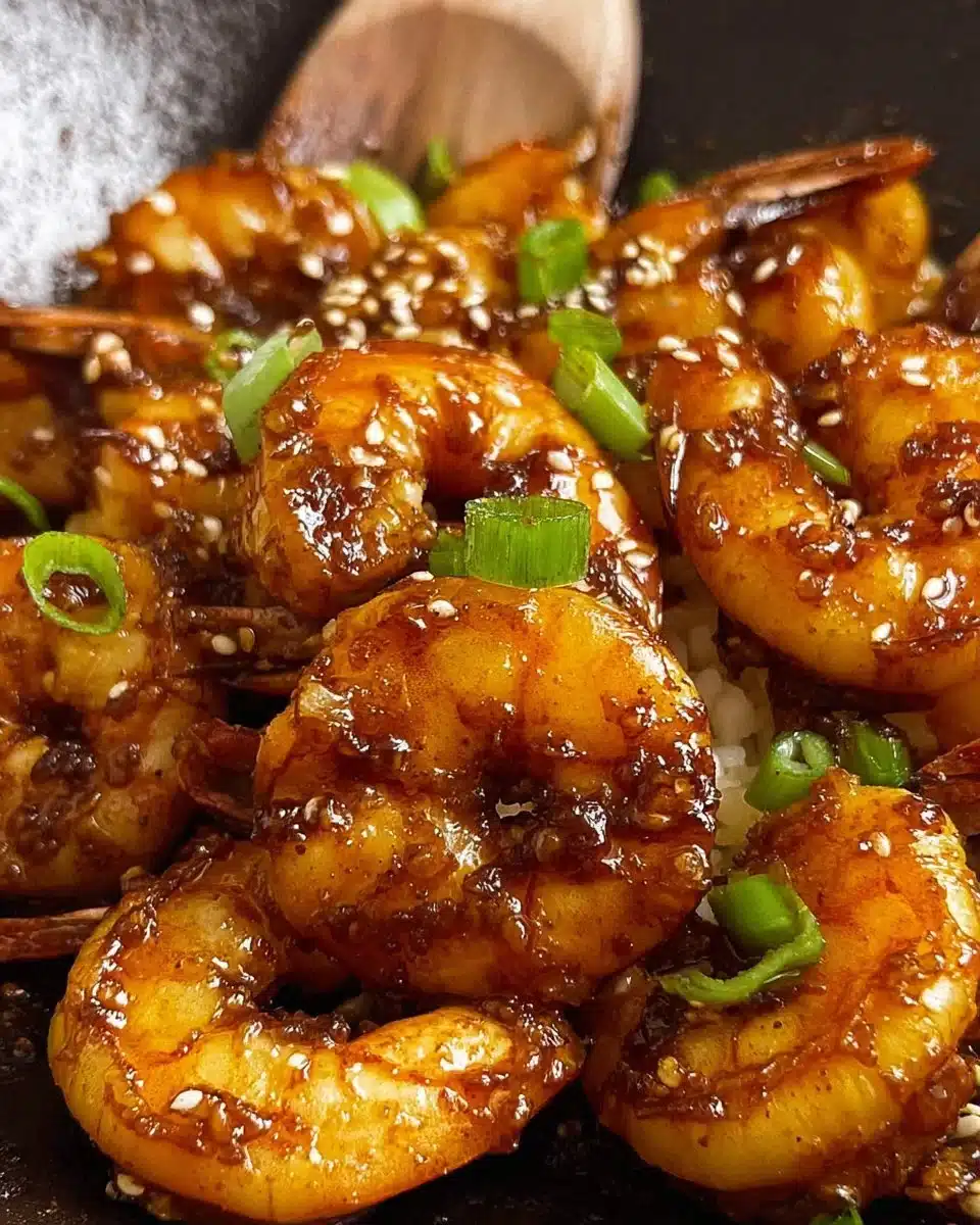 Plate of Honey Garlic Shrimp cooked with honey, garlic, and garnished with green onions