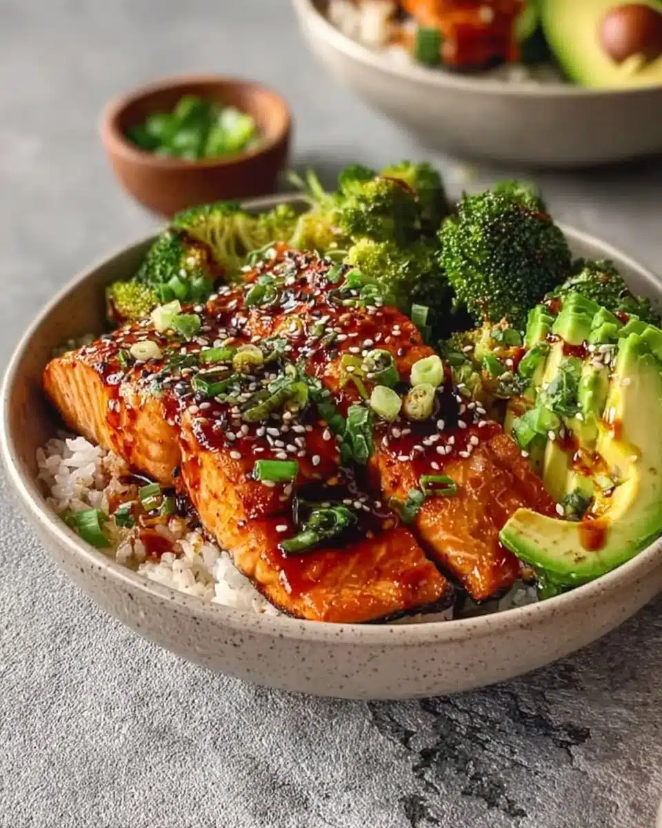 Delicious honey glazed salmon bowl with fresh vegetables and grains