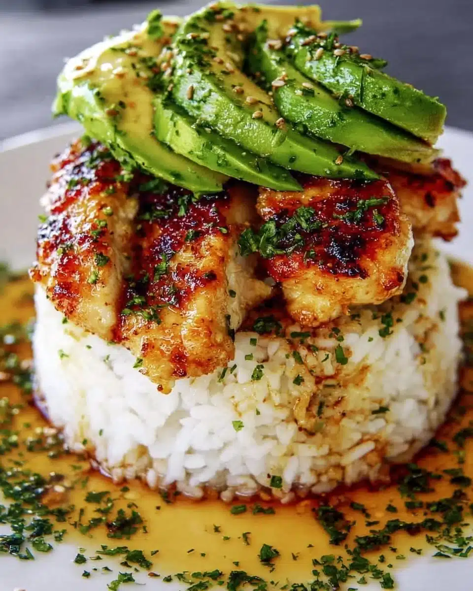Honey Lime Chicken served with Avocado Rice Stack on a plate