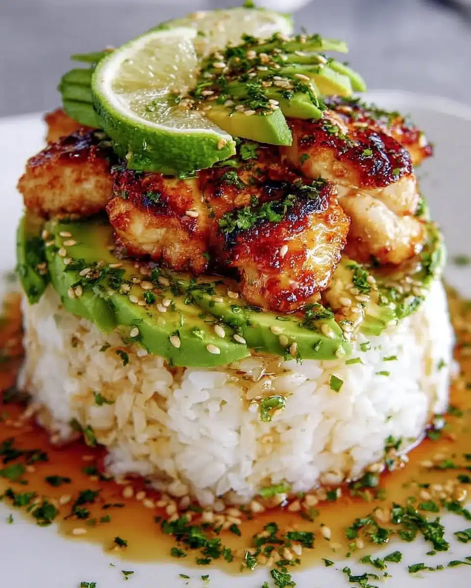 Delicious Honey Lime Chicken & Avocado Rice Stack