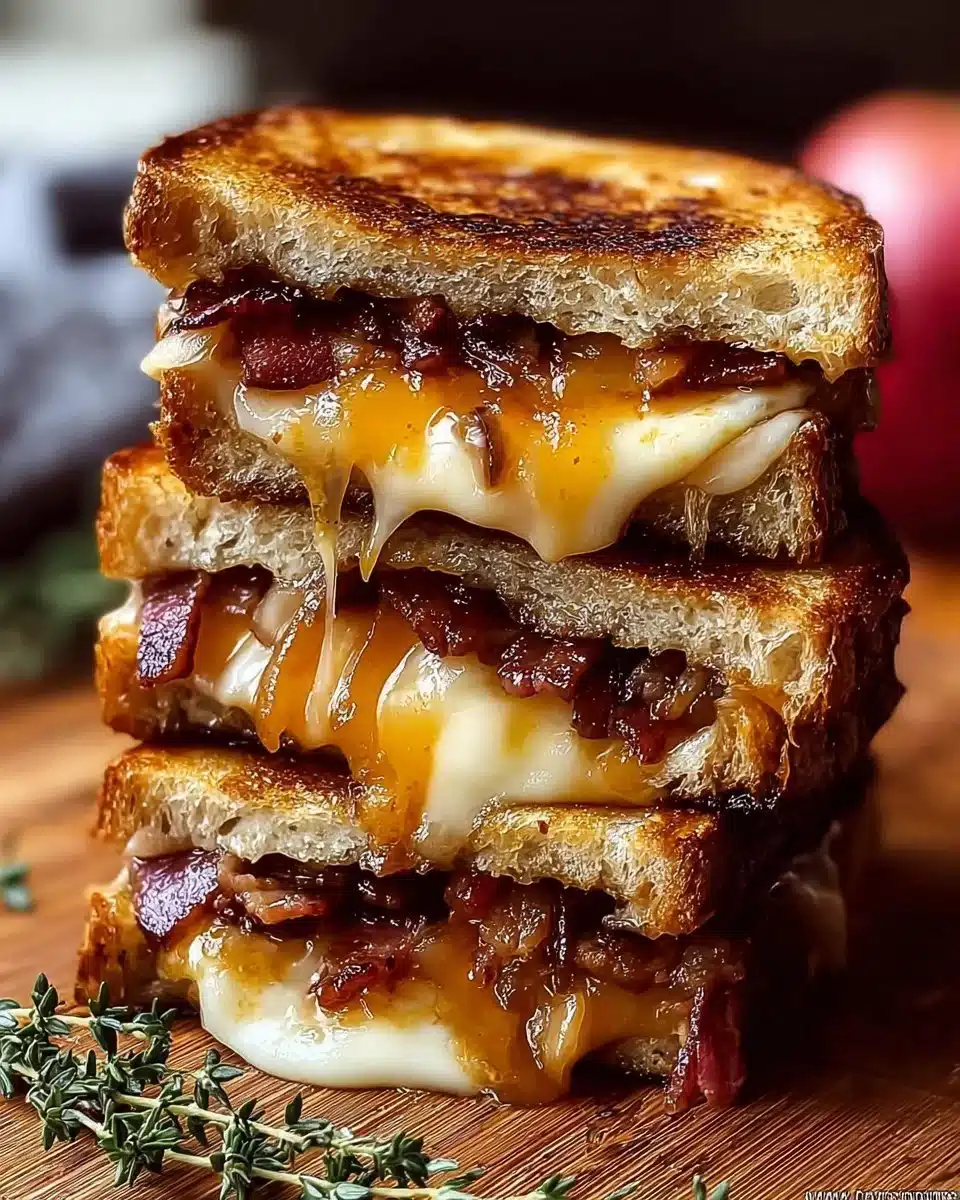 Delicious hot honey apple cheddar beef bacon grilled cheese sandwich on a plate
