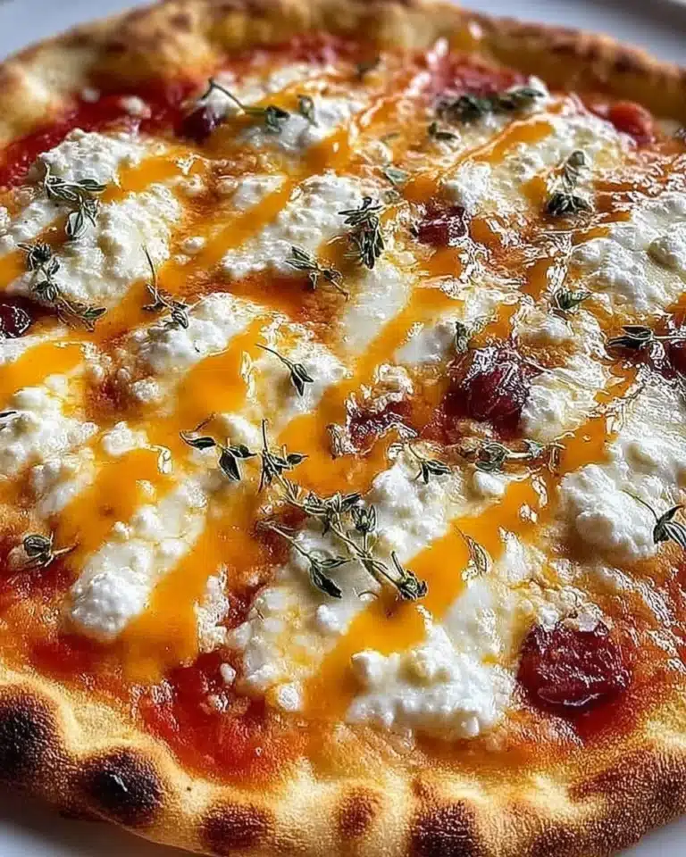 Delicious hot honey ricotta pizza topped with fresh ingredients and a drizzle of honey