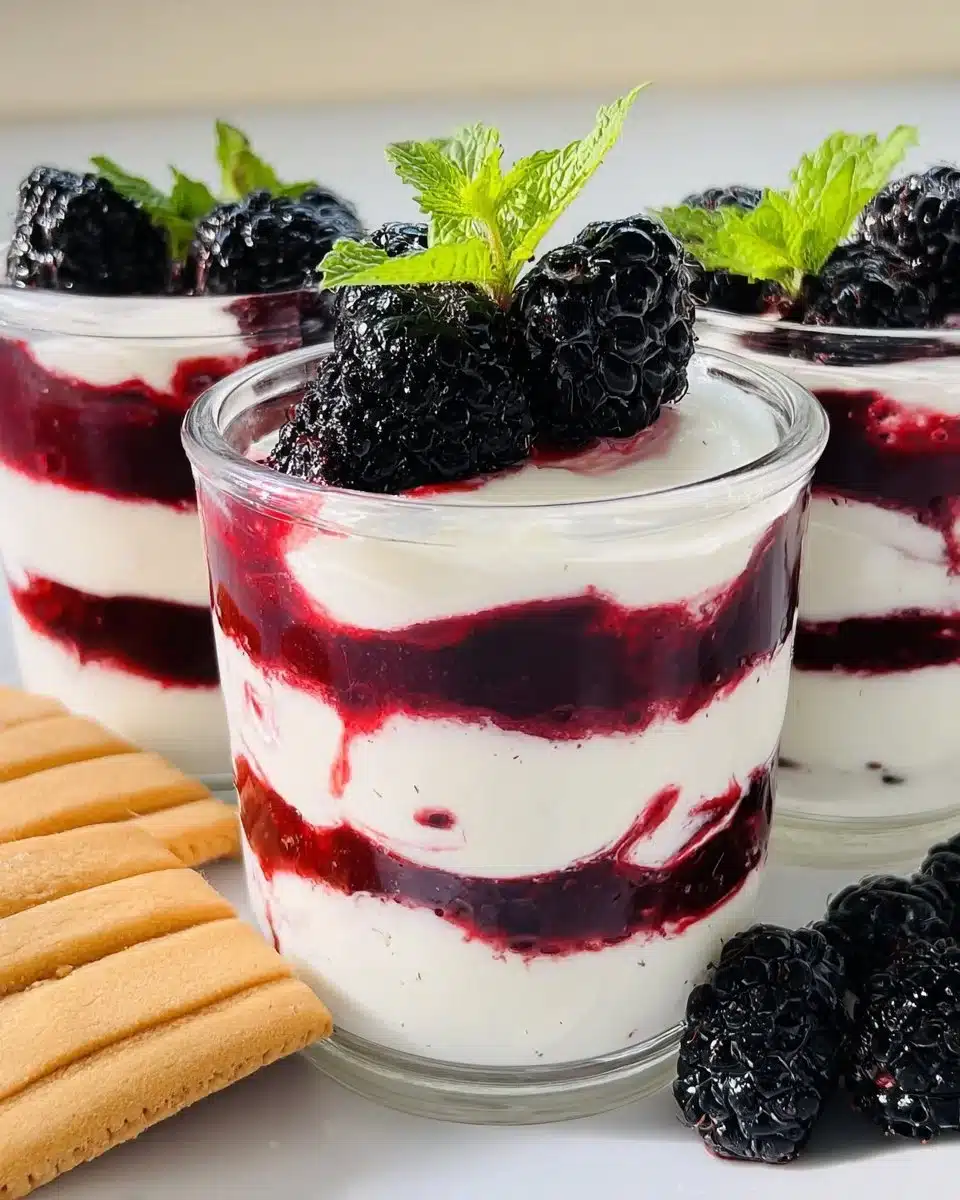 Delicious Irish Blackberry Fool dessert garnished with blackberries and cream.