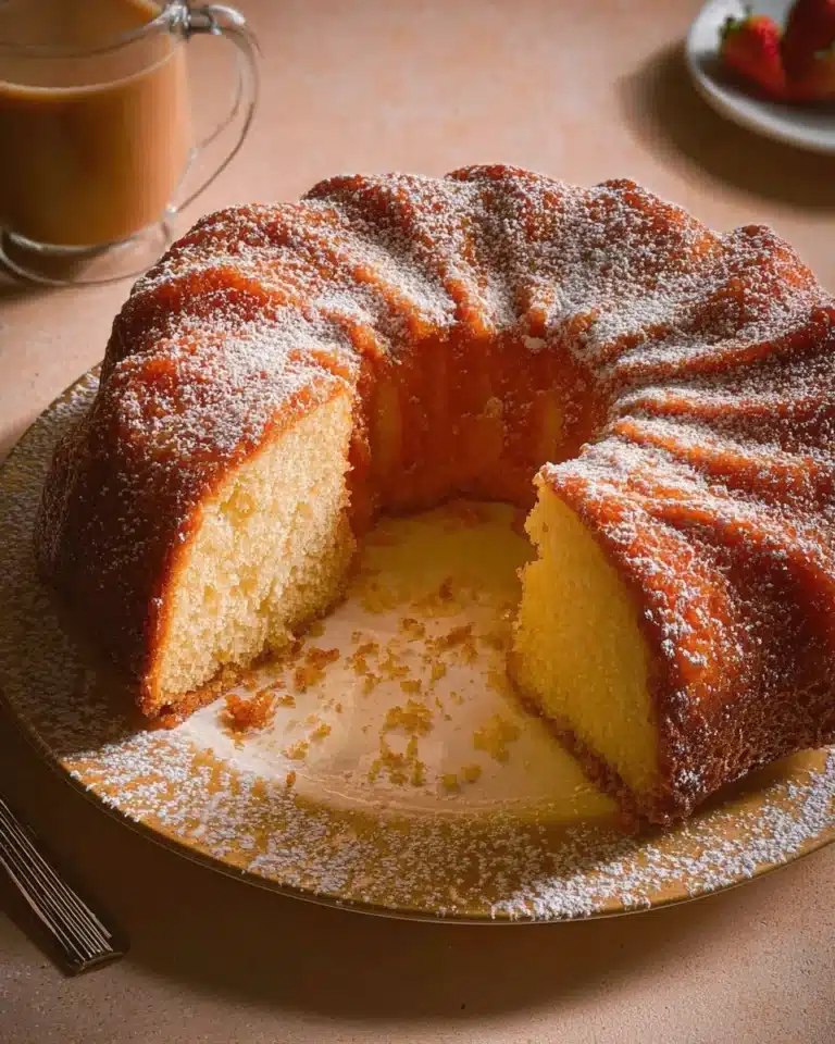A beautifully baked Italian breakfast cake topped with fruits and powdered sugar