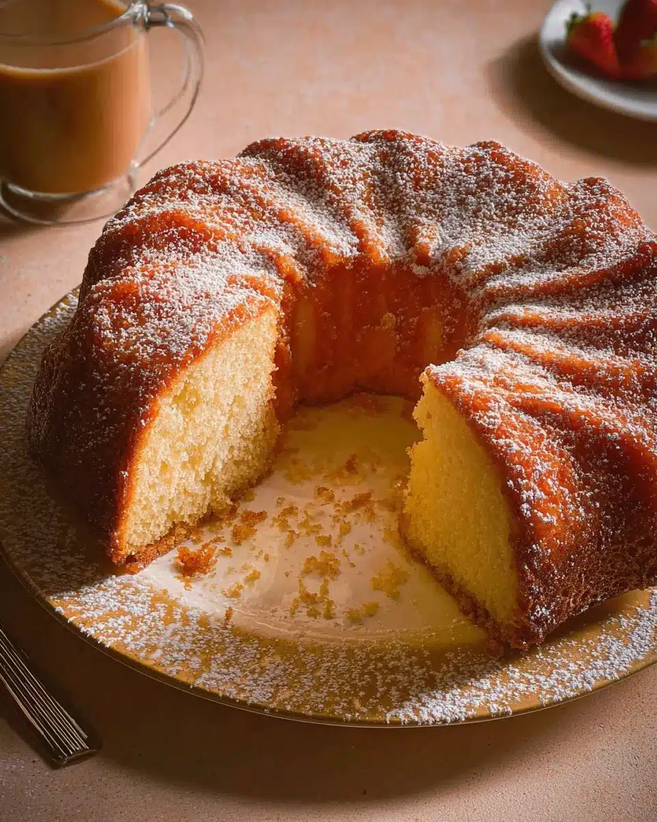 A beautifully baked Italian breakfast cake topped with fruits and powdered sugar