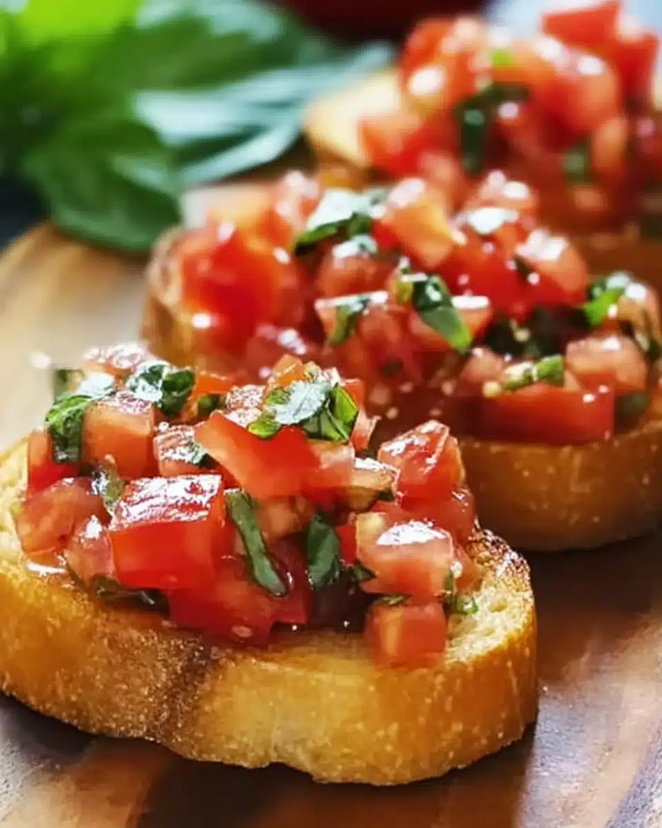 Delicious Italian bruschetta topped with fresh tomatoes and basil
