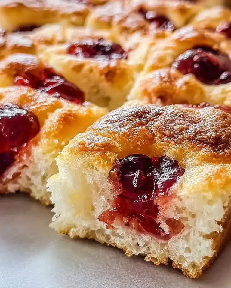 Freshly baked Jam Donut Focaccia topped with colorful jam and powdered sugar