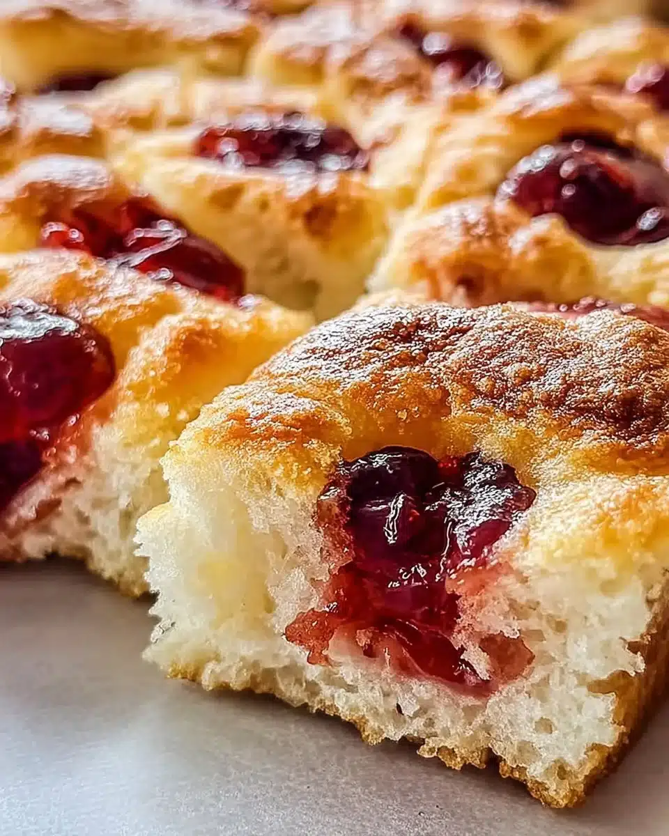 Freshly baked Jam Donut Focaccia topped with colorful jam and powdered sugar