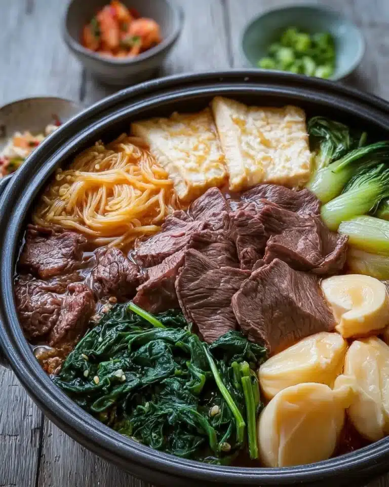 A delicious bowl of Japanese Sukiyaki Hot Pot with beef and vegetables.