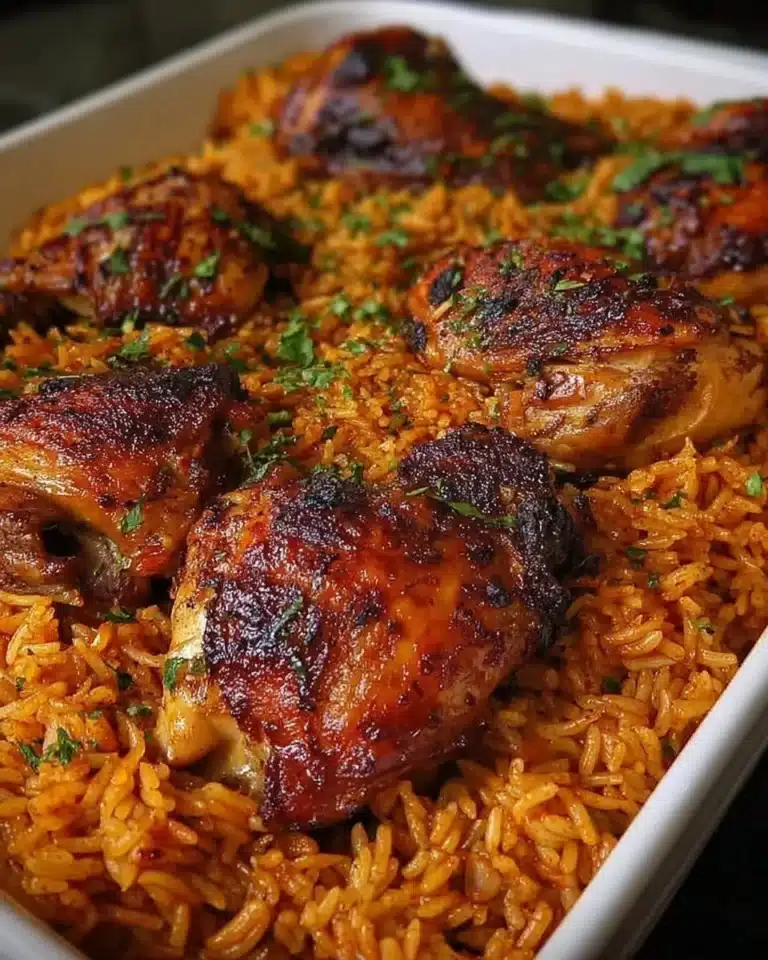 Plate of Jollof Rice served with roasted chicken, garnished with vegetables.