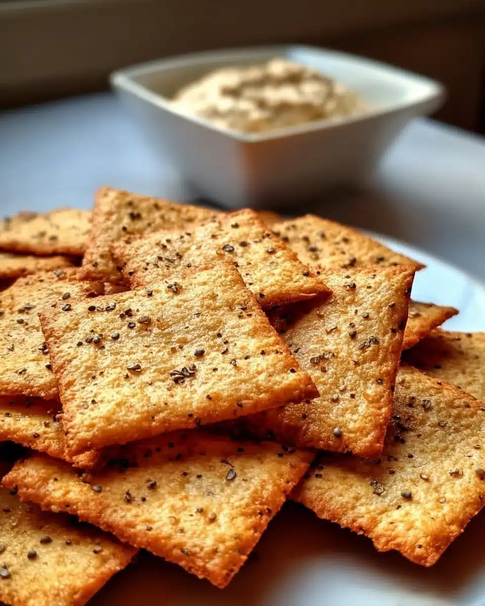 Keto Almond Flour Crackers on a wooden board with herbs.