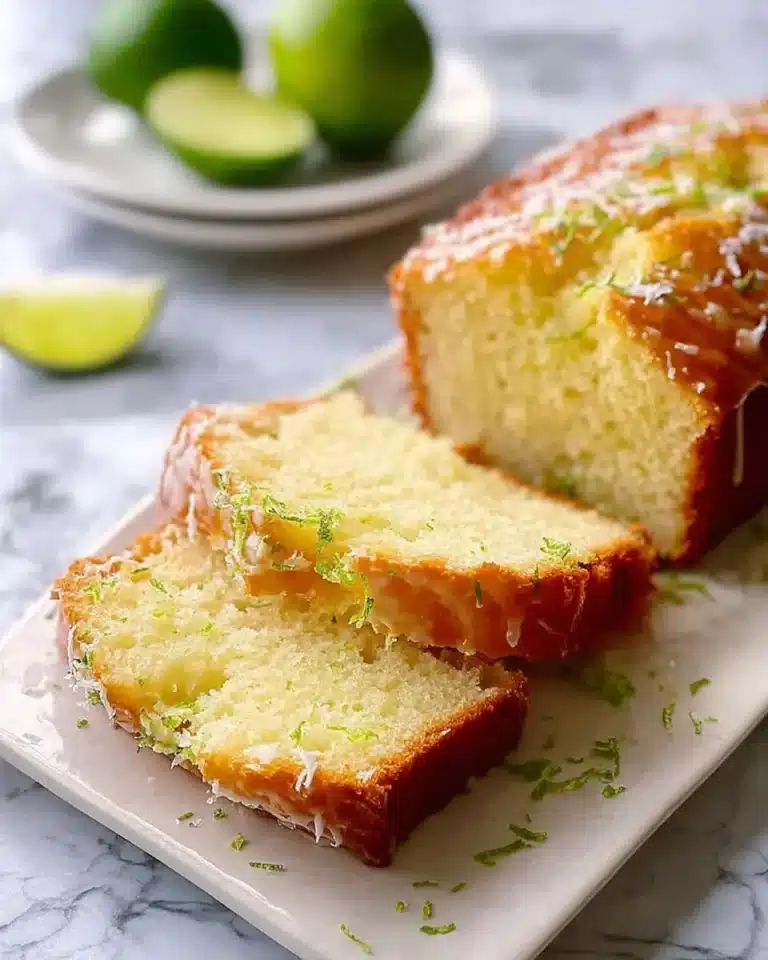 Sliced Key Lime Quick Bread with lime garnish on a wooden cutting board