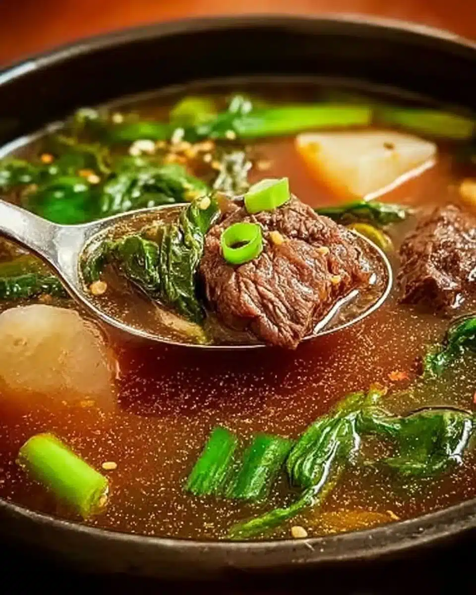 A bowl of steaming Korean Beef Soup with herbs and vegetables.