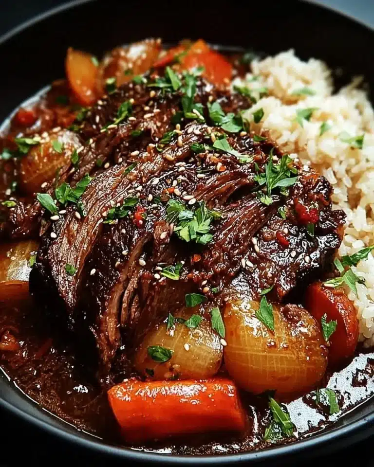 Delicious Korean style pot roast served with vegetables and rice.