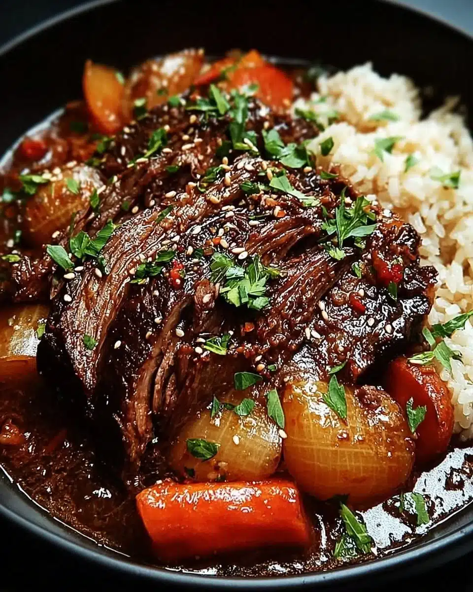 Delicious Korean style pot roast served with vegetables and rice.