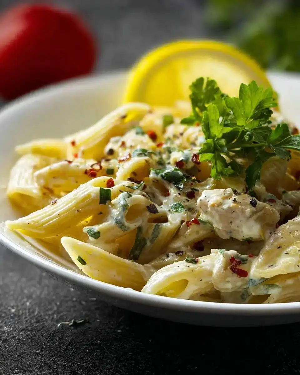 Bowl of refreshing Lemon Basil Pasta Salad with fresh ingredients