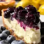 Slice of lemon blueberry cheesecake topped with blueberries and lemon zest