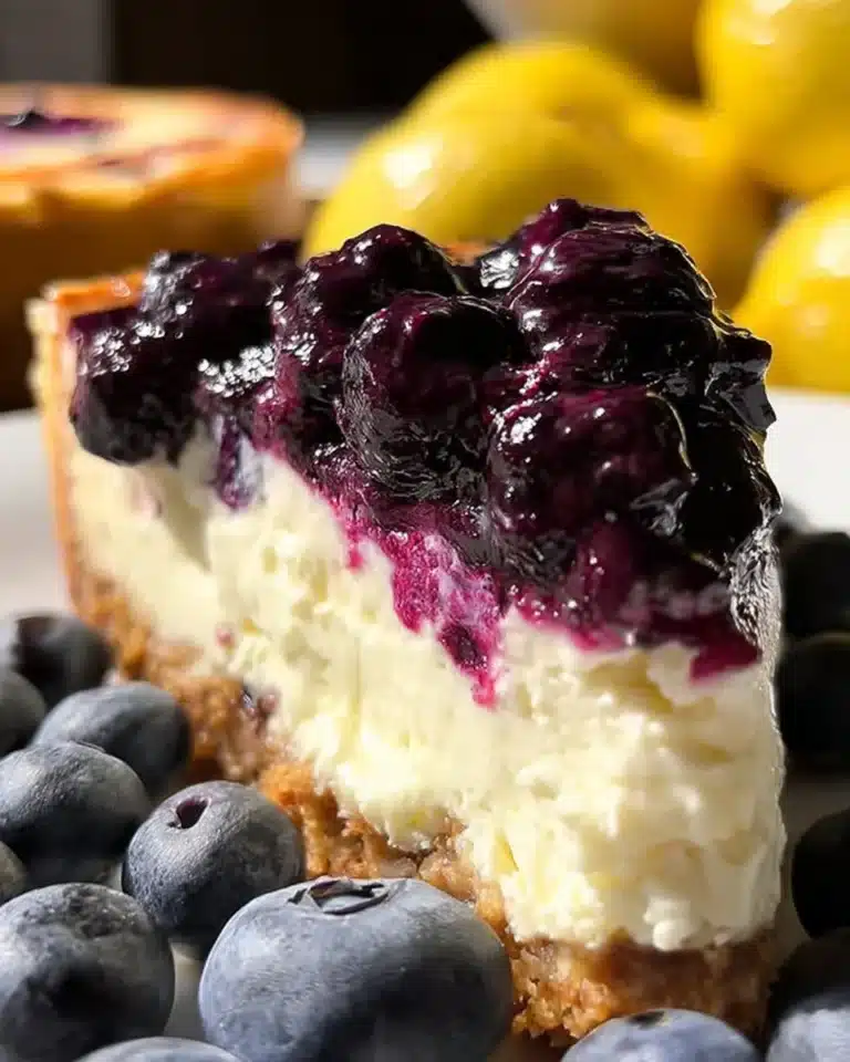 Slice of lemon blueberry cheesecake topped with blueberries and lemon zest