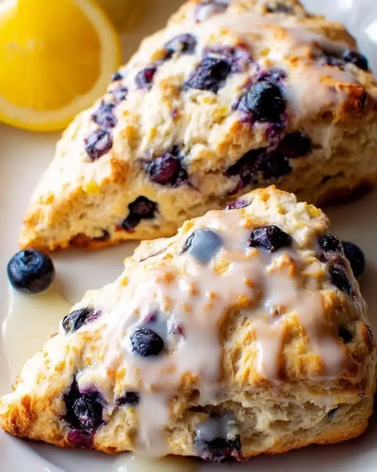 Freshly baked lemon blueberry scones on a plate with a lemon wedge