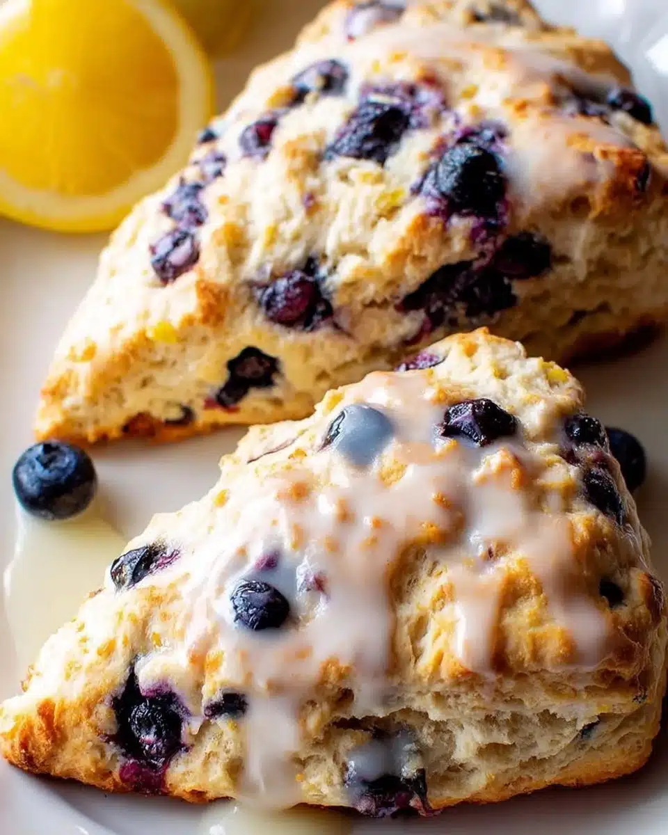 Freshly baked lemon blueberry scones on a plate with a lemon wedge