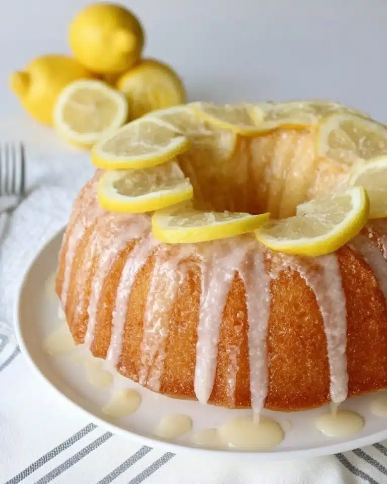 Delicious Lemon Bundt Cake with a glossy glaze on a decorative plate.