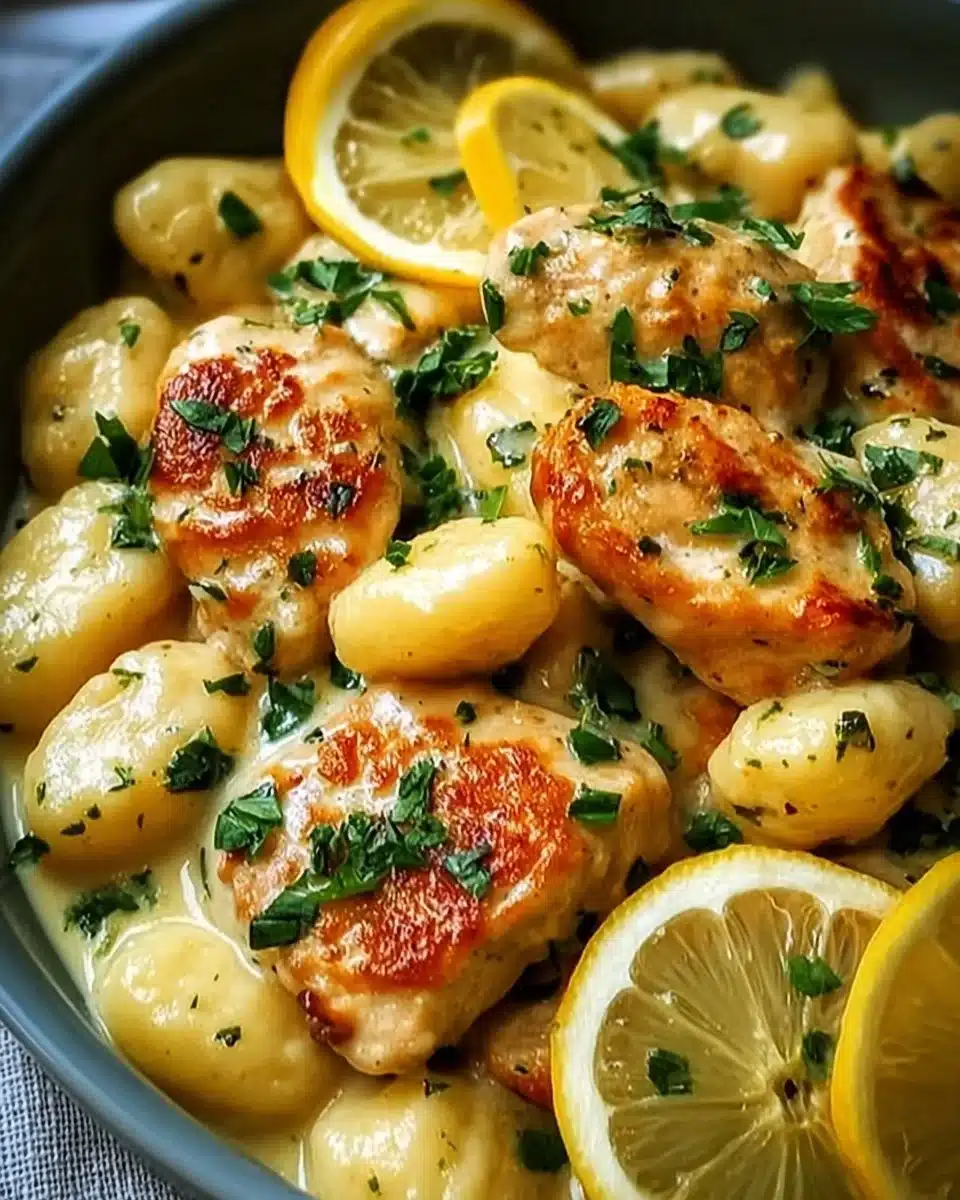 A bowl of delicious lemon chicken gnocchi garnished with herbs.