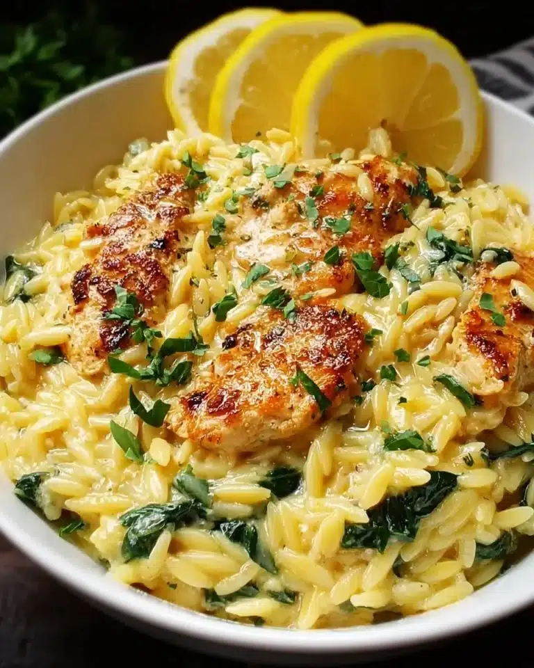 Delicious Lemon Chicken Orzo with fresh herbs and lemon slices
