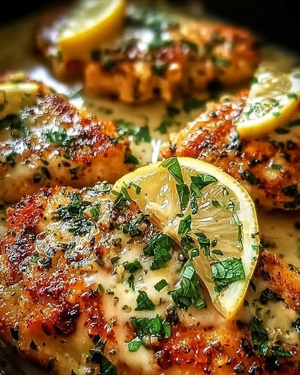 Plate of Lemon Chicken Romano garnished with herbs and lemon slices