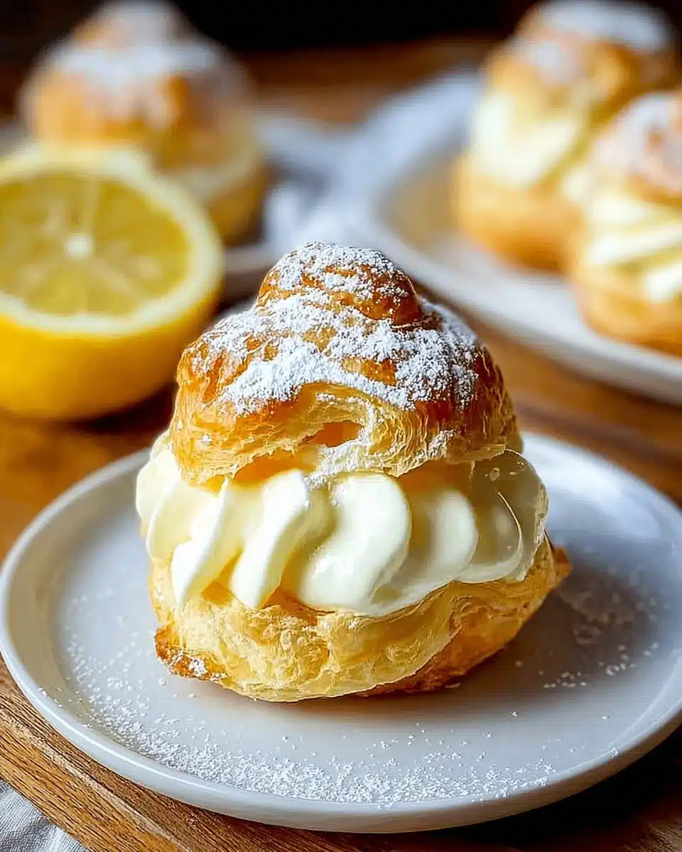 Lemon cream puffs topped with zesty lemon cream filling and powdered sugar.
