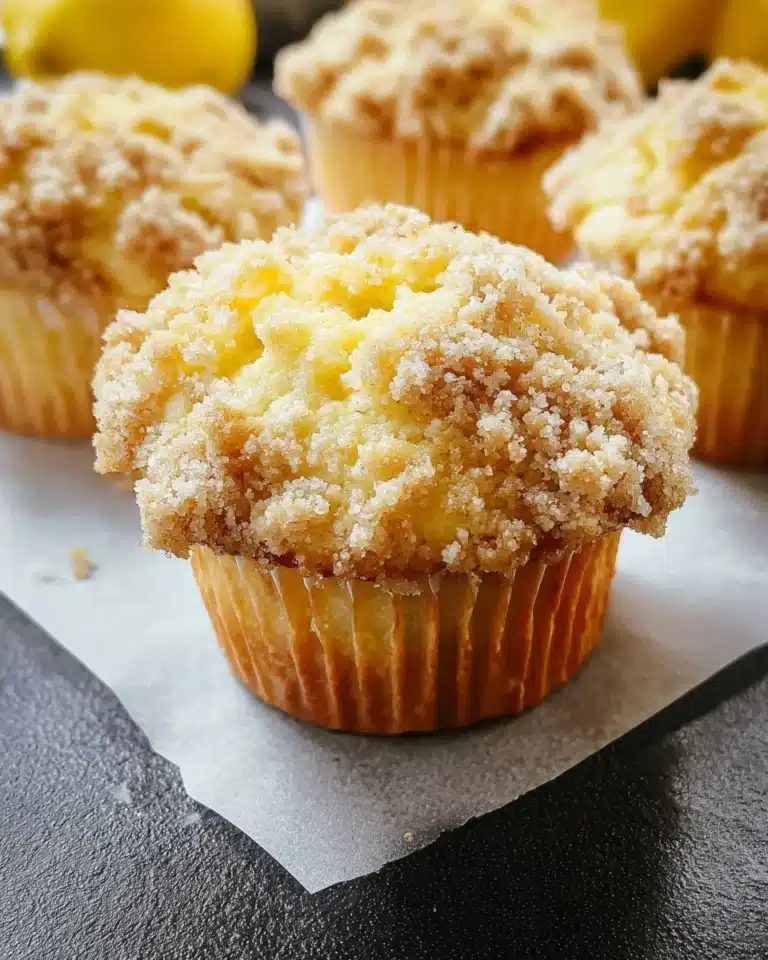 Freshly baked Lemon Crumb Muffins with a crumbly topping on a cooling rack.