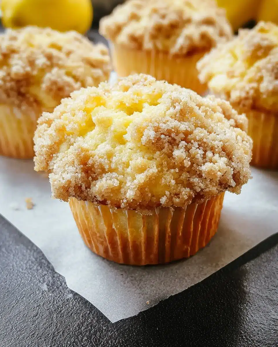 Freshly baked Lemon Crumb Muffins with a crumbly topping on a cooling rack.