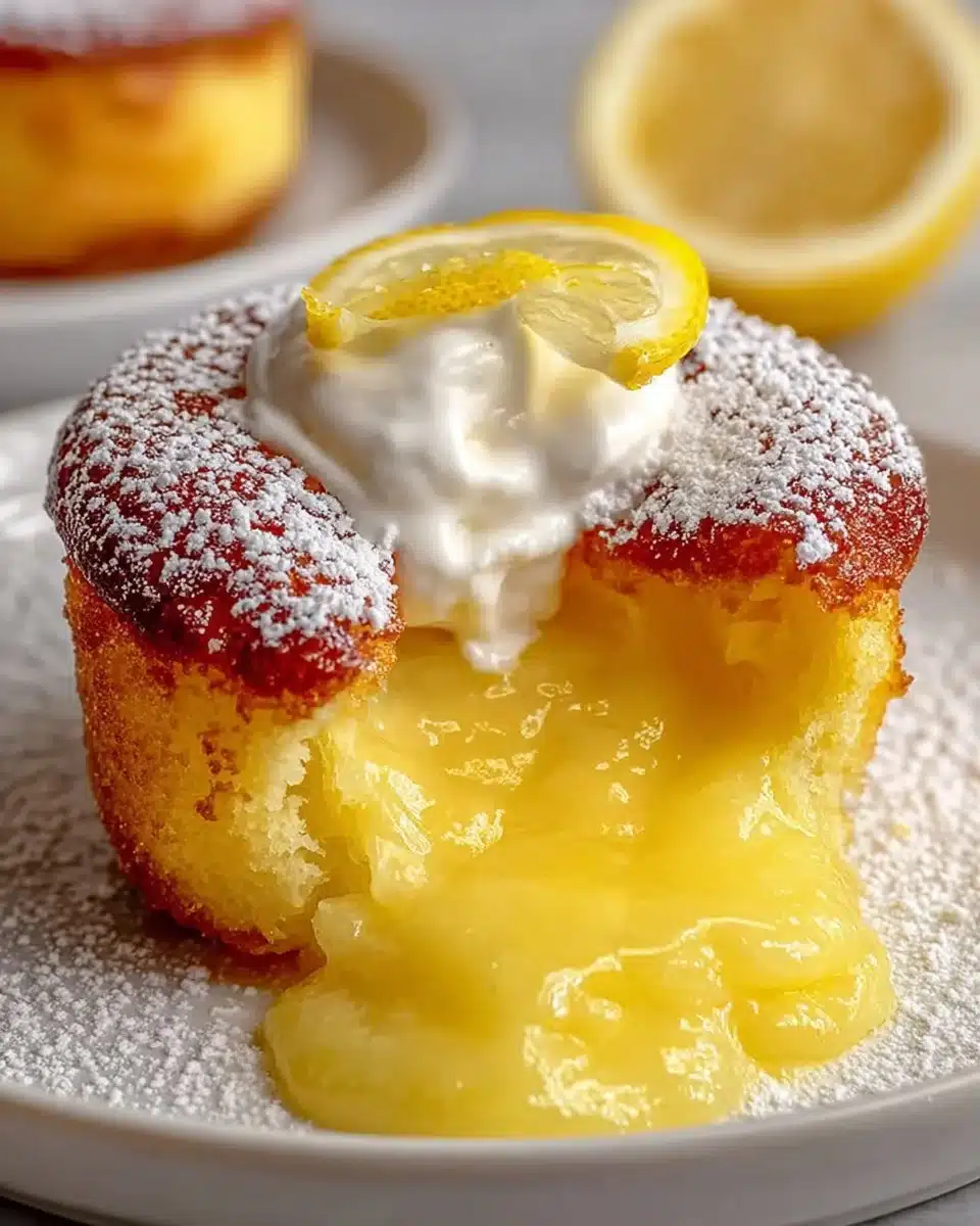 Delicious Lemon Lava Cake with gooey lemon filling served on a plate