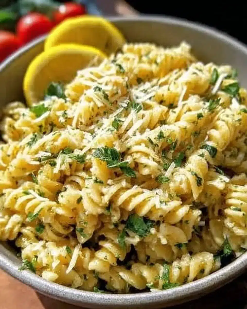Lemon Parmesan Pasta Salad with fresh ingredients in a bowl