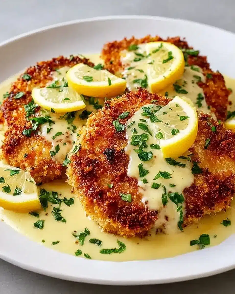 Lemon Pecorino Crusted Chicken served on a plate with fresh herbs and lemon slices.