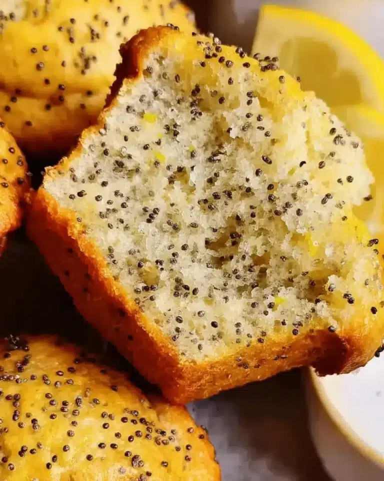 Freshly baked lemon poppy seed muffins on a wooden table.