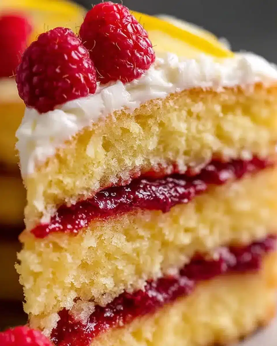 Delicious homemade Lemon Raspberry Cake with fresh raspberries and lemon zest.
