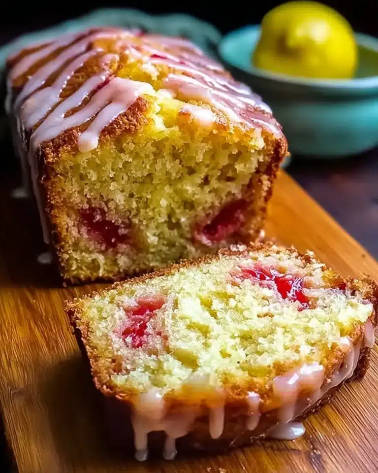 Slice of Lemon Rhubarb Loaf on a plate with fresh lemon and rhubarb garnish