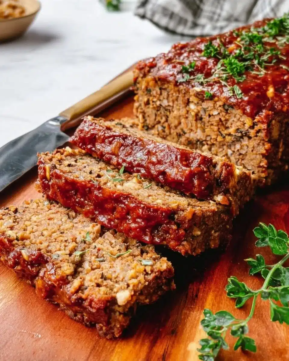 Deliciously baked lentil meatloaf served with fresh herbs and vegetables.