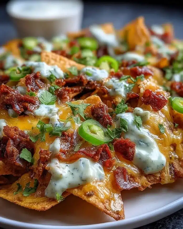A vibrant plate of loaded nachos topped with cheese, jalapenos, and guacamole.