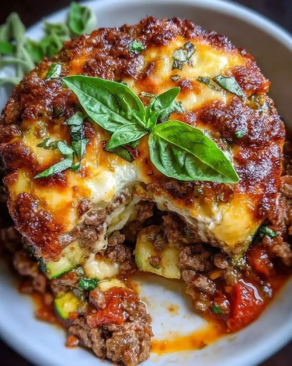 Low-carb ground beef zucchini bake topped with cheese and herbs