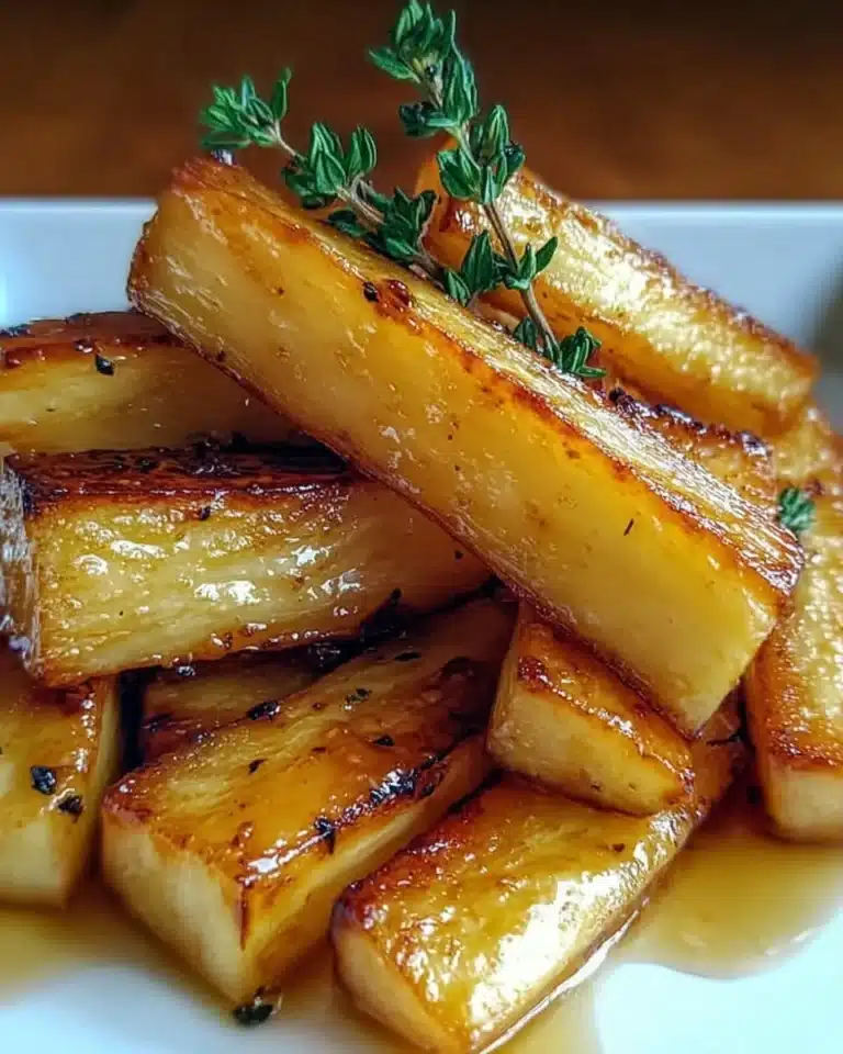 Delicious Maple Roasted Parsnips garnished with fresh thyme on a serving platter.