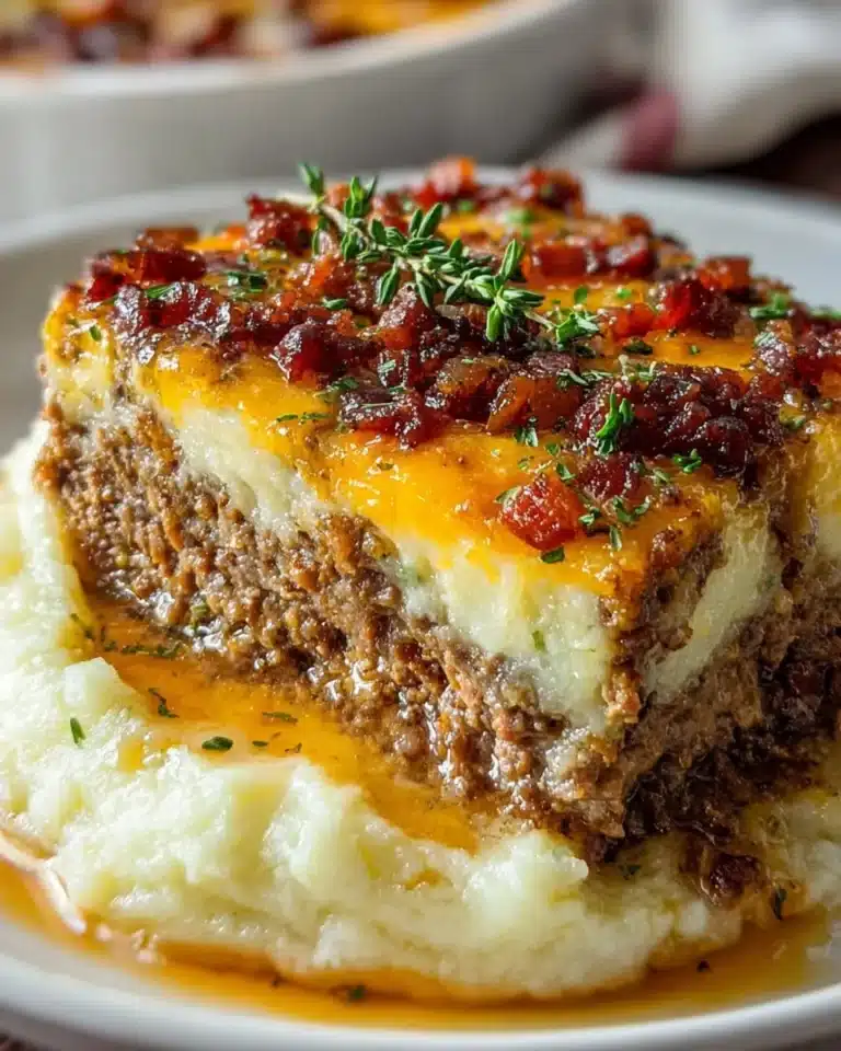 Delicious meatloaf served with creamy mashed potatoes and cheese