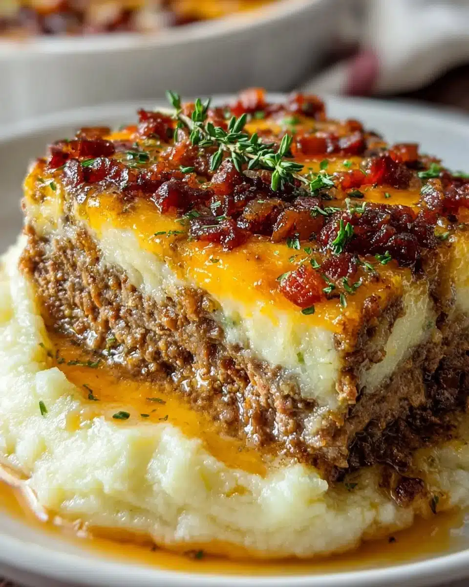 Delicious meatloaf served with creamy mashed potatoes and cheese