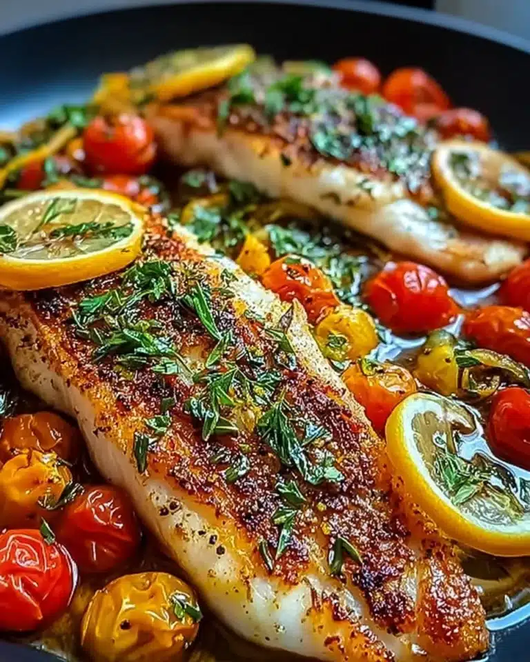 Delicious Mediterranean baked fish garnished with herbs and lemon.