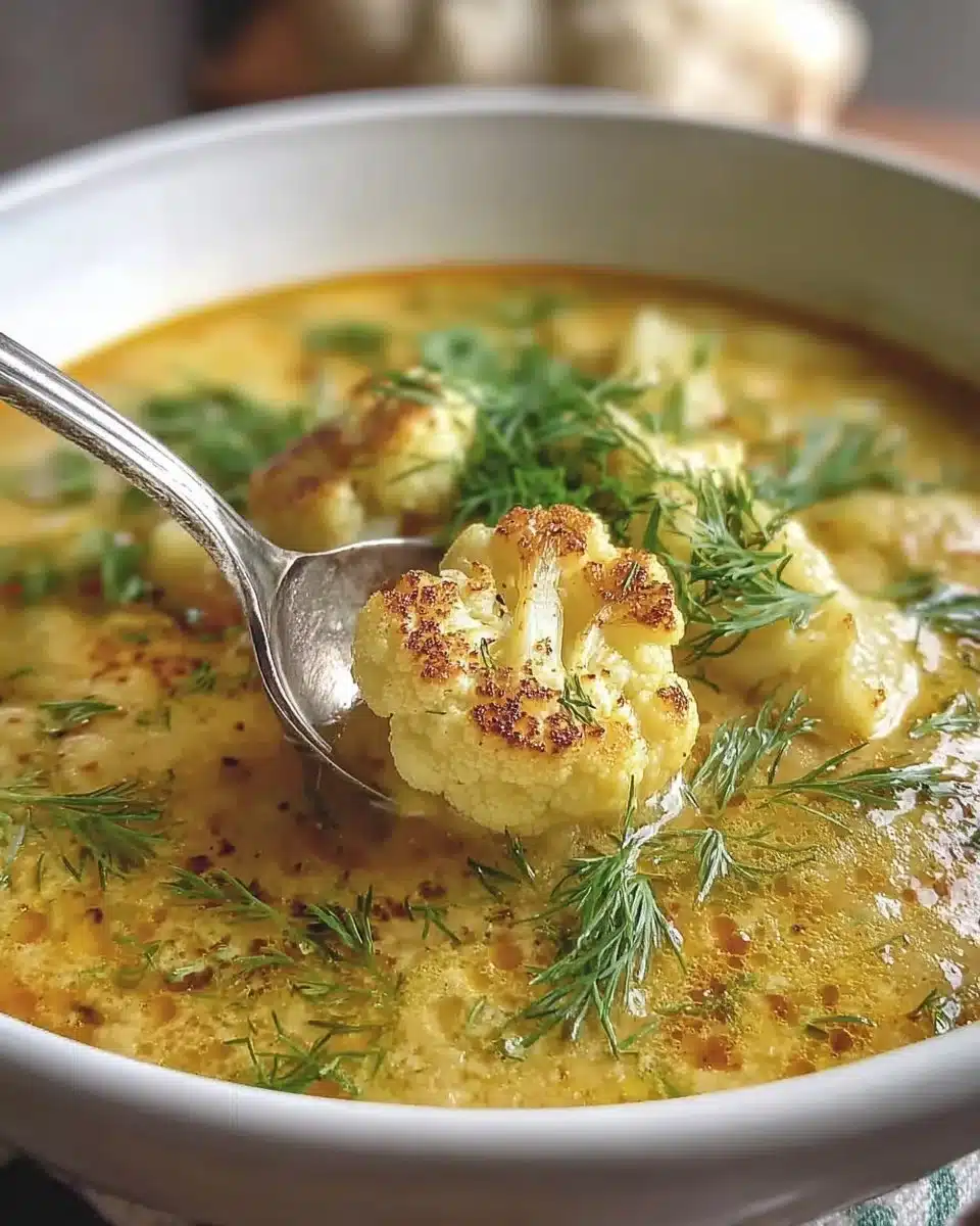 Bowl of creamy Mediterranean Cauliflower Soup with fresh herbs