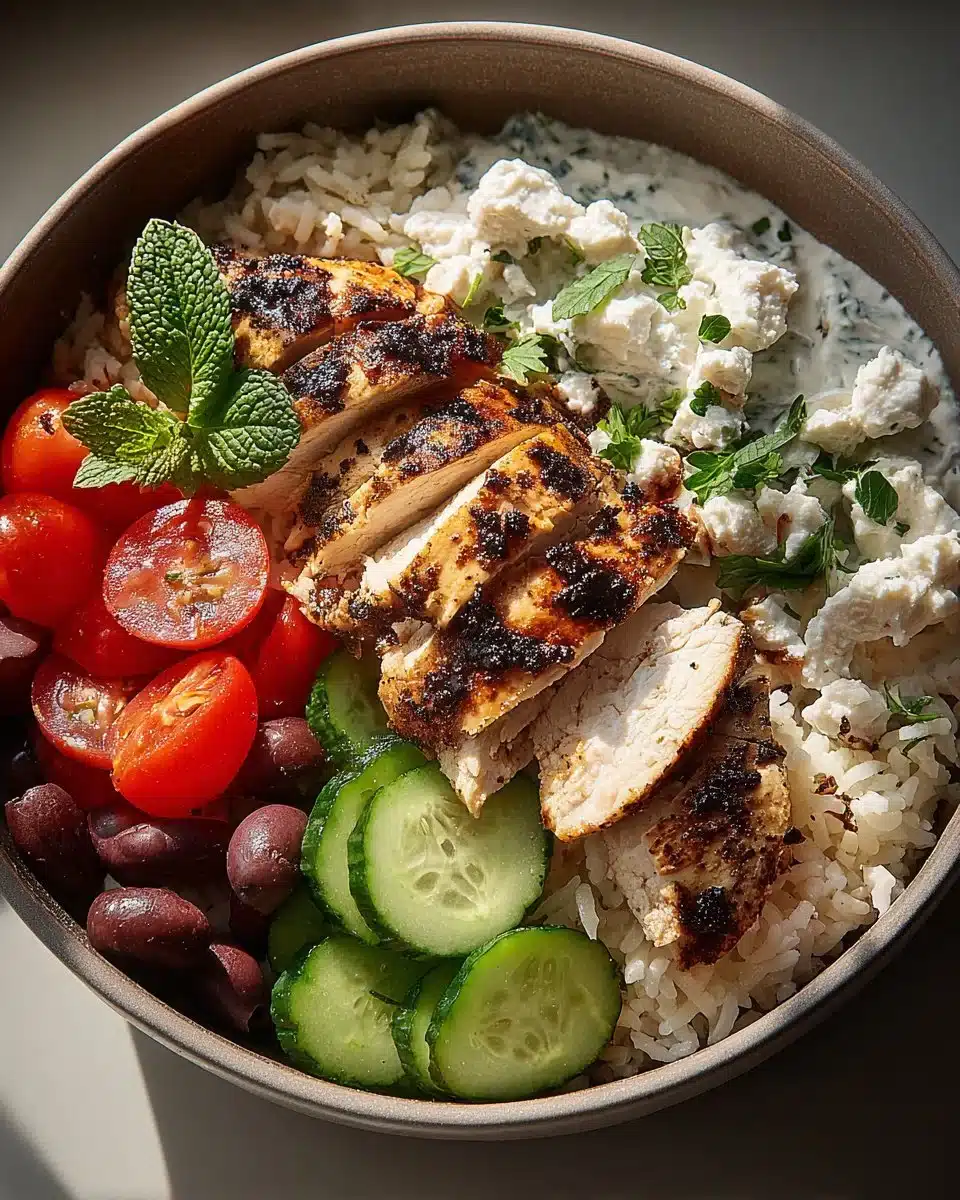 Mediterranean Chicken Bowl with Rice topped with fresh herbs and vegetables