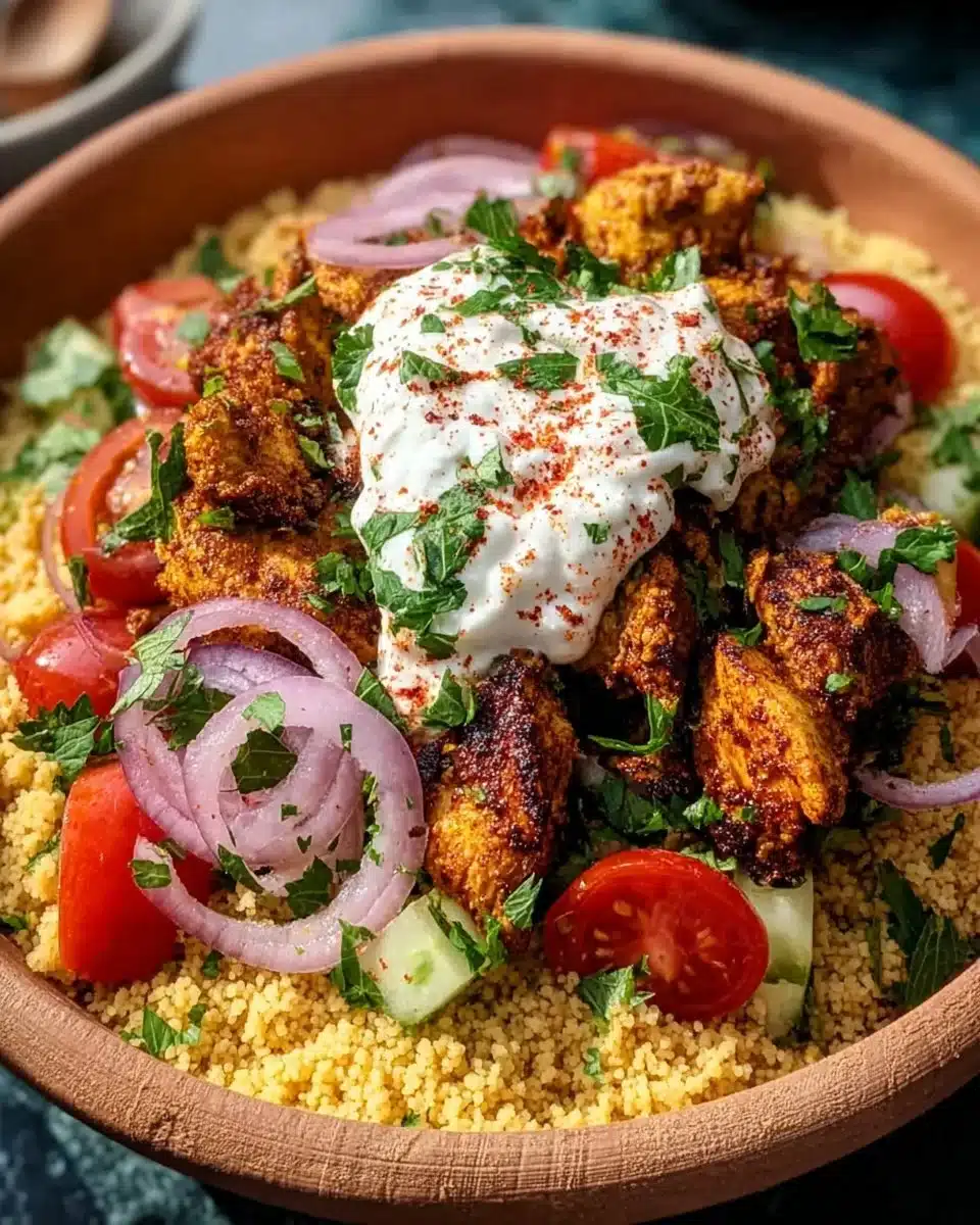 Mediterranean Chicken Couscous Bowl with vegetables and spices