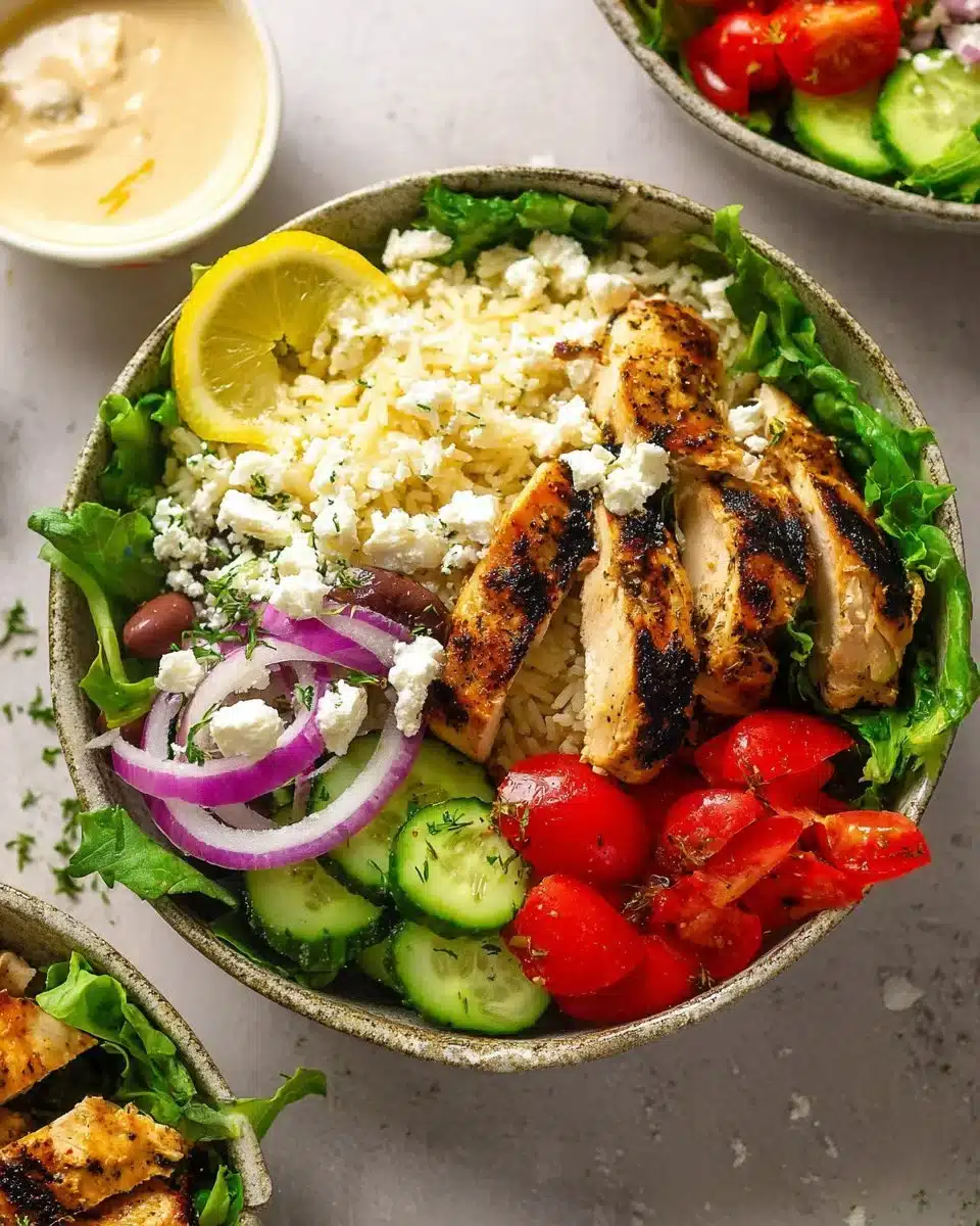 Delicious Mediterranean Chicken & Rice Bowl topped with fresh ingredients