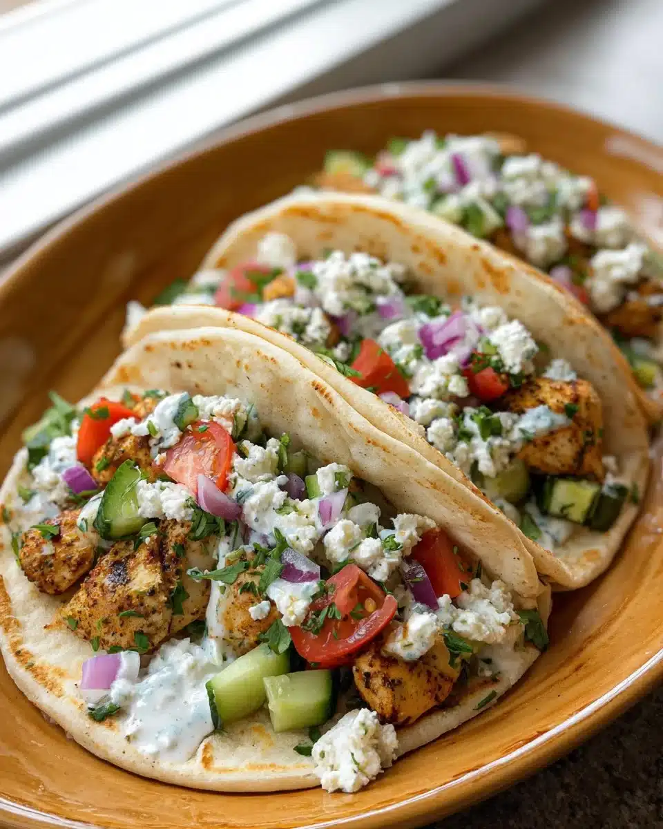 Delicious Mediterranean chicken tacos with fresh vegetables and herbs