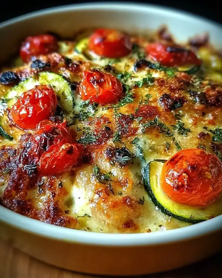 Mediterranean chicken zucchini bake dish with fresh vegetables